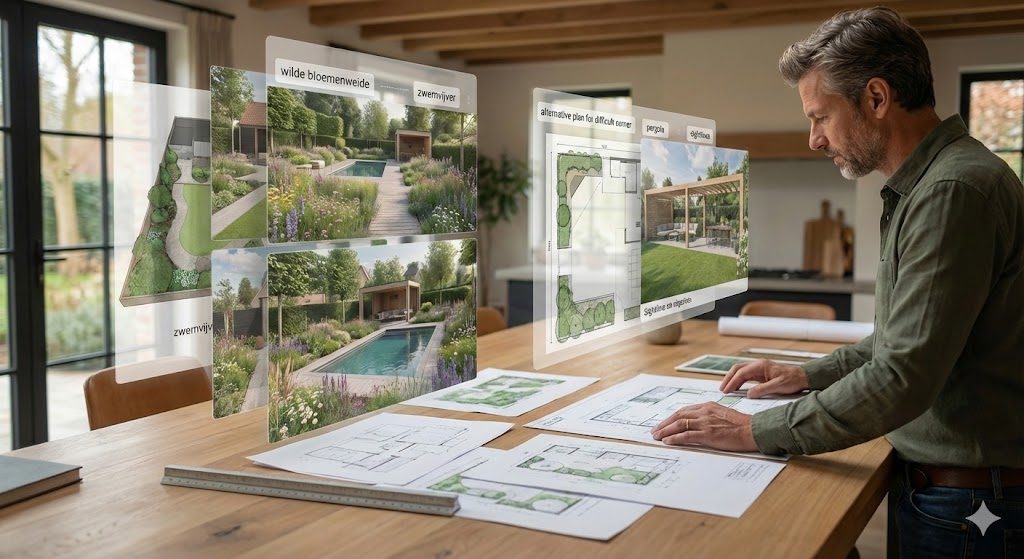 Tuinontwerper werkt aan professioneel tuinontwerp als ontwerppartner voor hoveniers