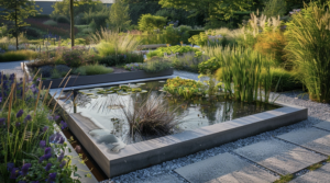 Modern tuinontwerp met strakke vijver, siergrassen en natuurlijke beplanting, ontworpen als rustgevende tuin met duidelijke lijnen
